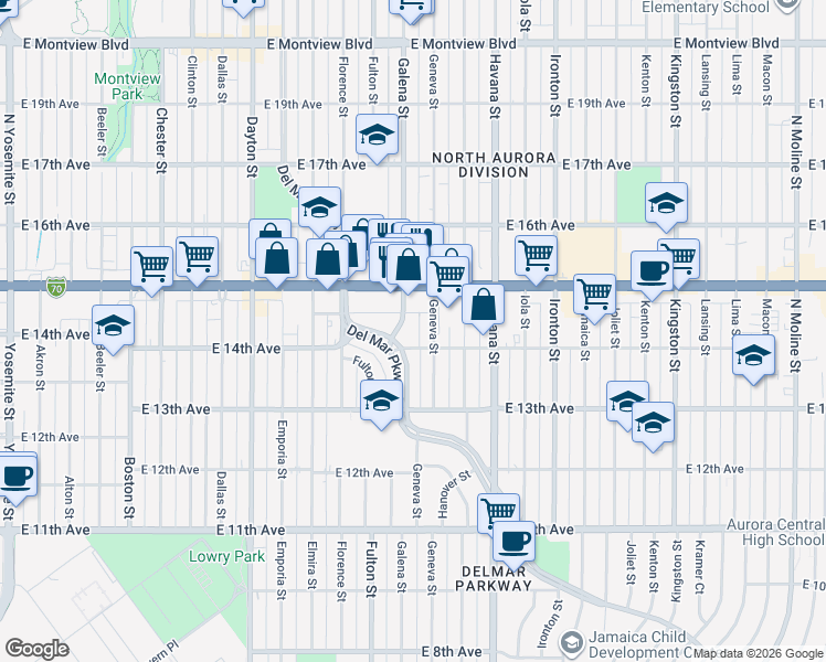 map of restaurants, bars, coffee shops, grocery stores, and more near in Aurora