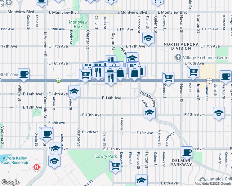 map of restaurants, bars, coffee shops, grocery stores, and more near in Aurora
