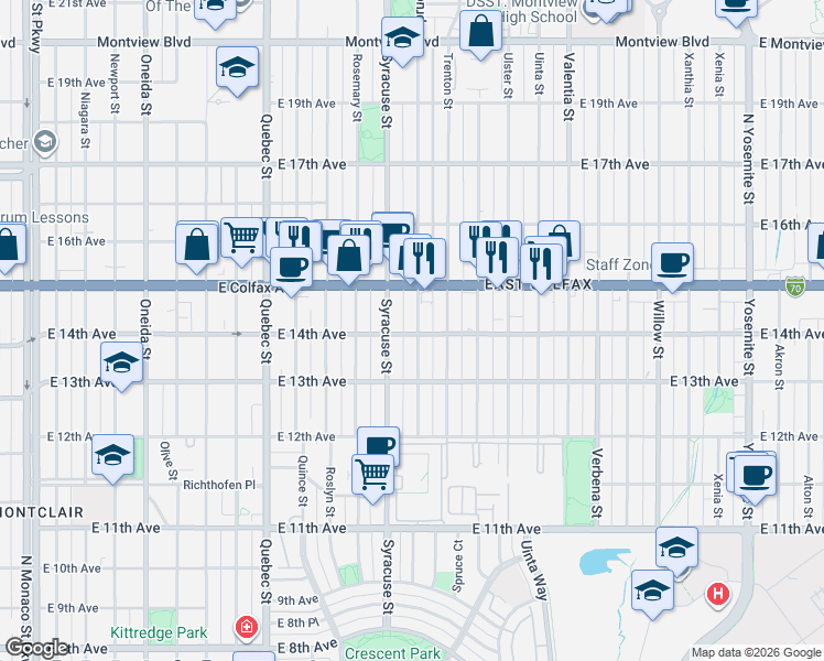 map of restaurants, bars, coffee shops, grocery stores, and more near 1441 Spruce Street in Denver
