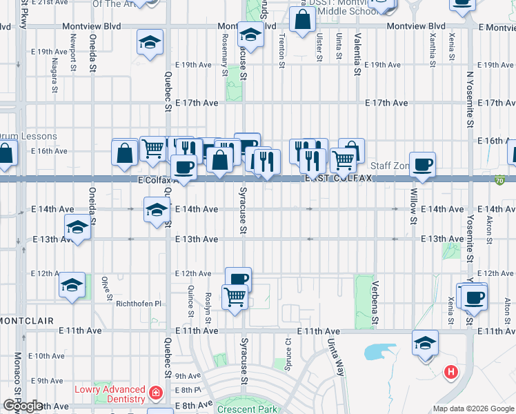 map of restaurants, bars, coffee shops, grocery stores, and more near 1441 Spruce Street in Denver