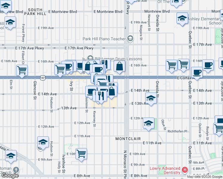 map of restaurants, bars, coffee shops, grocery stores, and more near 1460 Leyden Street in Denver