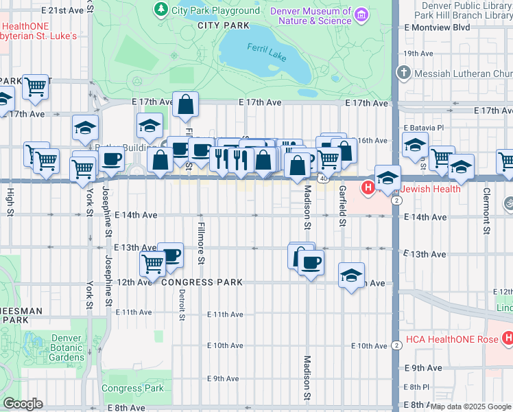 map of restaurants, bars, coffee shops, grocery stores, and more near 1464 Steele Street in Denver
