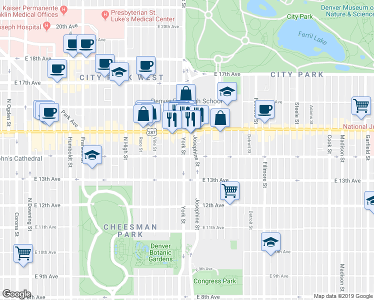 map of restaurants, bars, coffee shops, grocery stores, and more near 2310 East Colfax Avenue in Denver
