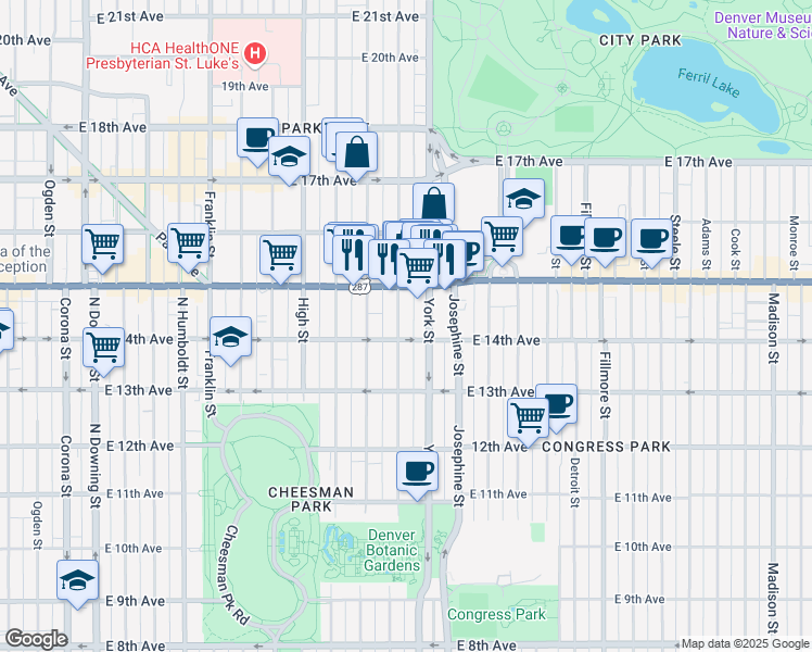 map of restaurants, bars, coffee shops, grocery stores, and more near 1458 North Gaylord Street in Denver