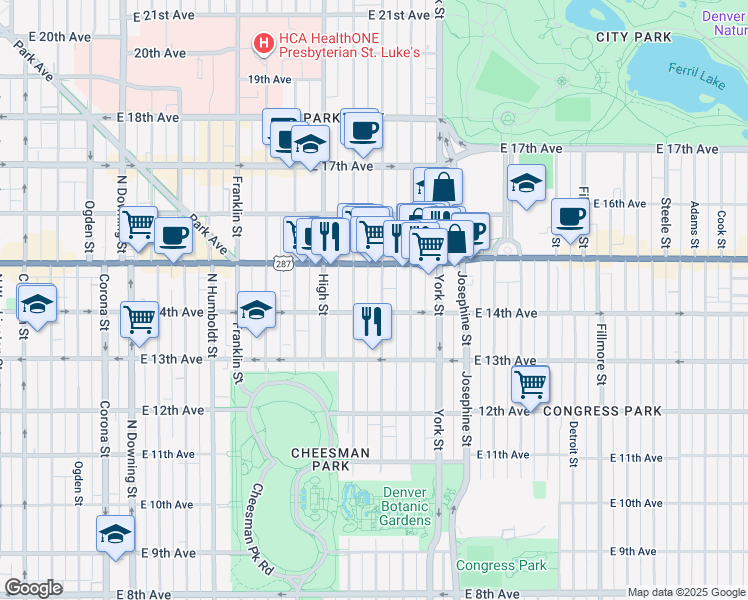 map of restaurants, bars, coffee shops, grocery stores, and more near 1455 Vine Street in Denver