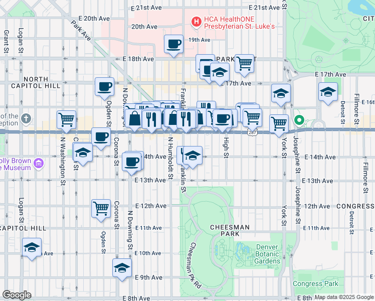 map of restaurants, bars, coffee shops, grocery stores, and more near 1445 Franklin Street in Denver