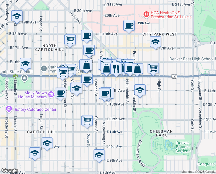 map of restaurants, bars, coffee shops, grocery stores, and more near 1125 East Colfax Avenue in Denver