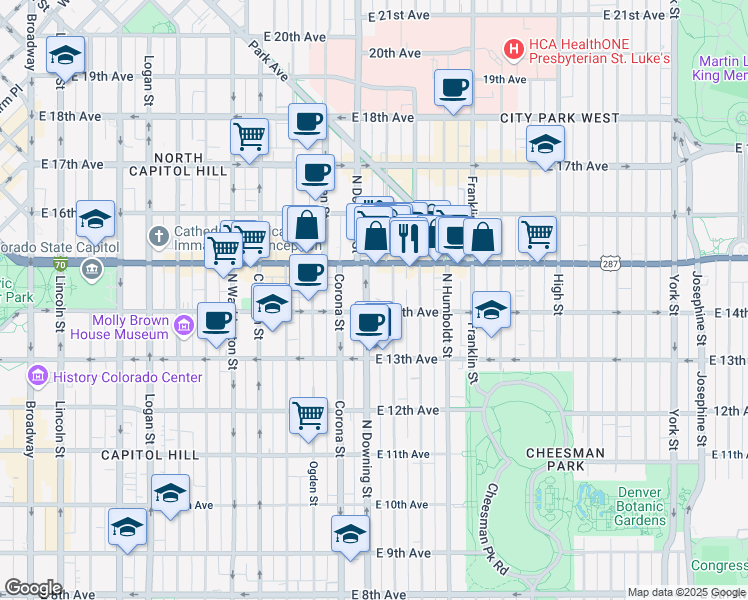 map of restaurants, bars, coffee shops, grocery stores, and more near 1125 East Colfax Avenue in Denver