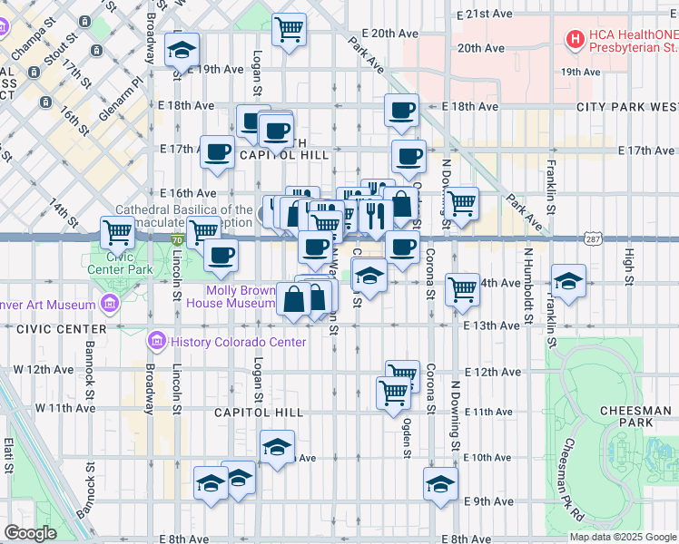 map of restaurants, bars, coffee shops, grocery stores, and more near 1433 North Washington Street in Denver