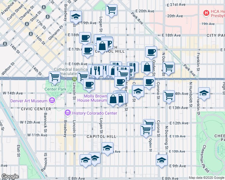 map of restaurants, bars, coffee shops, grocery stores, and more near in Denver
