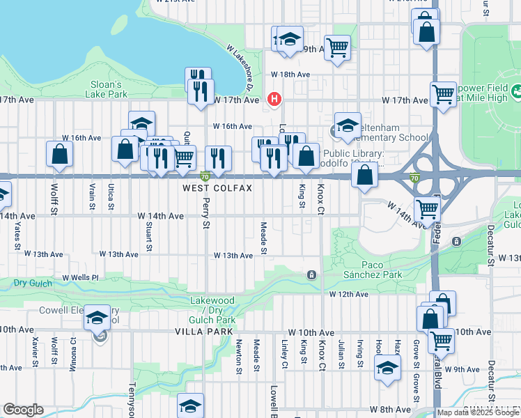 map of restaurants, bars, coffee shops, grocery stores, and more near 1449 Meade Street in Denver
