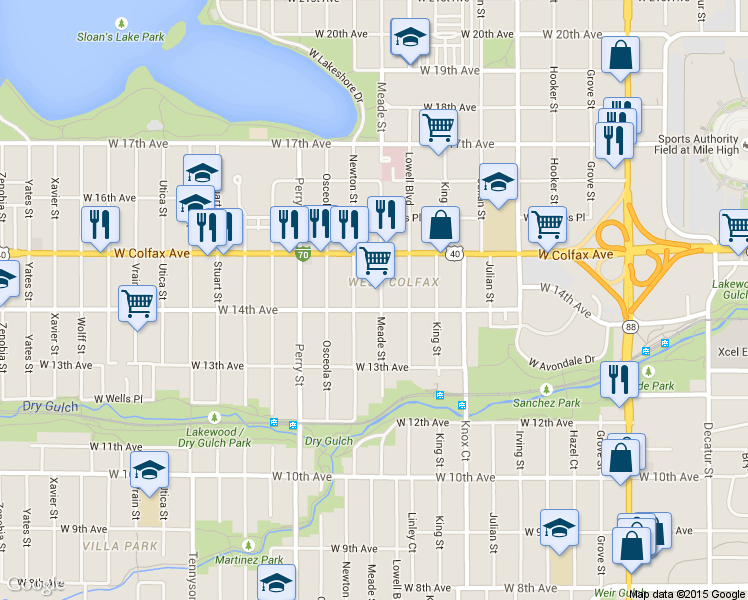 map of restaurants, bars, coffee shops, grocery stores, and more near 1449 Meade Street in Denver