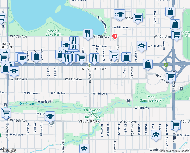 map of restaurants, bars, coffee shops, grocery stores, and more near 1454 Perry Street in Denver