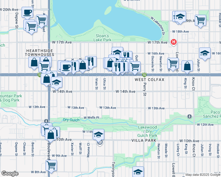 map of restaurants, bars, coffee shops, grocery stores, and more near 1454 Utica Street in Denver