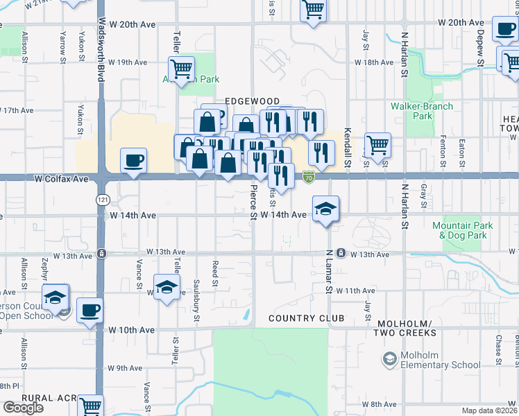 map of restaurants, bars, coffee shops, grocery stores, and more near 1463 Pierce Street in Denver