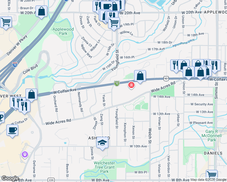 map of restaurants, bars, coffee shops, grocery stores, and more near in Lakewood