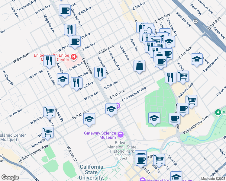 map of restaurants, bars, coffee shops, grocery stores, and more near 196 East 2nd Avenue in Chico