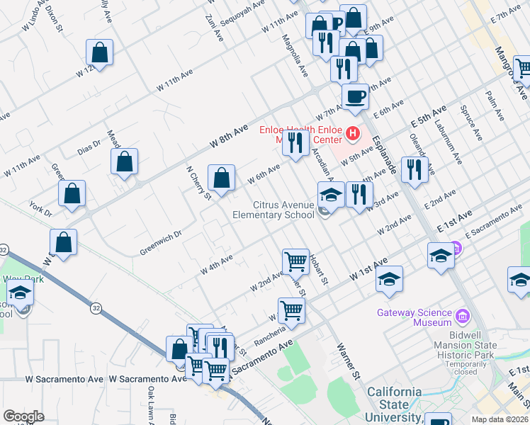 map of restaurants, bars, coffee shops, grocery stores, and more near 1467 Hobart Street in Chico