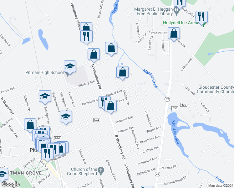 map of restaurants, bars, coffee shops, grocery stores, and more near 472 Elwood Avenue in Pitman