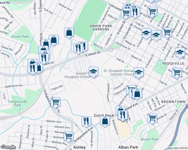 map of restaurants, bars, coffee shops, grocery stores, and more near 1907 Prospect Road in Wilmington
