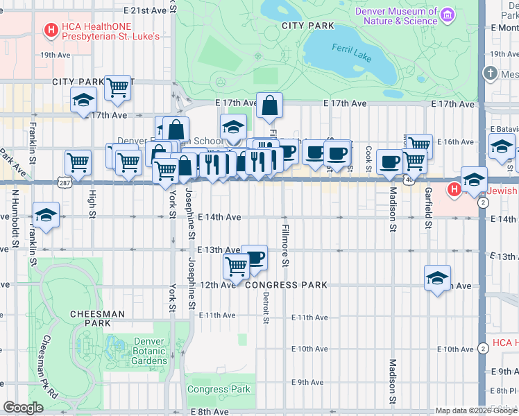 map of restaurants, bars, coffee shops, grocery stores, and more near 1460 Clayton Street in Denver