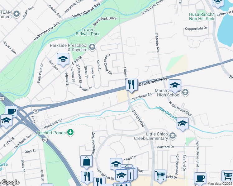 map of restaurants, bars, coffee shops, grocery stores, and more near 10 Hunter Court in Chico