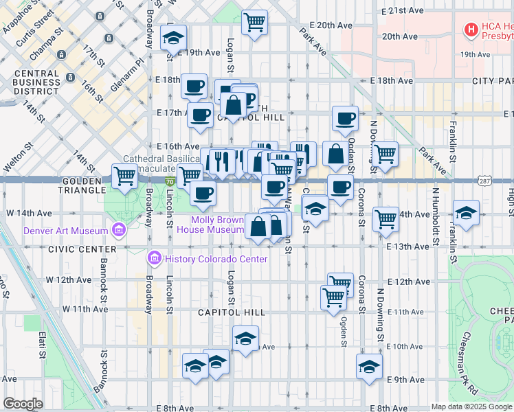 map of restaurants, bars, coffee shops, grocery stores, and more near in Denver