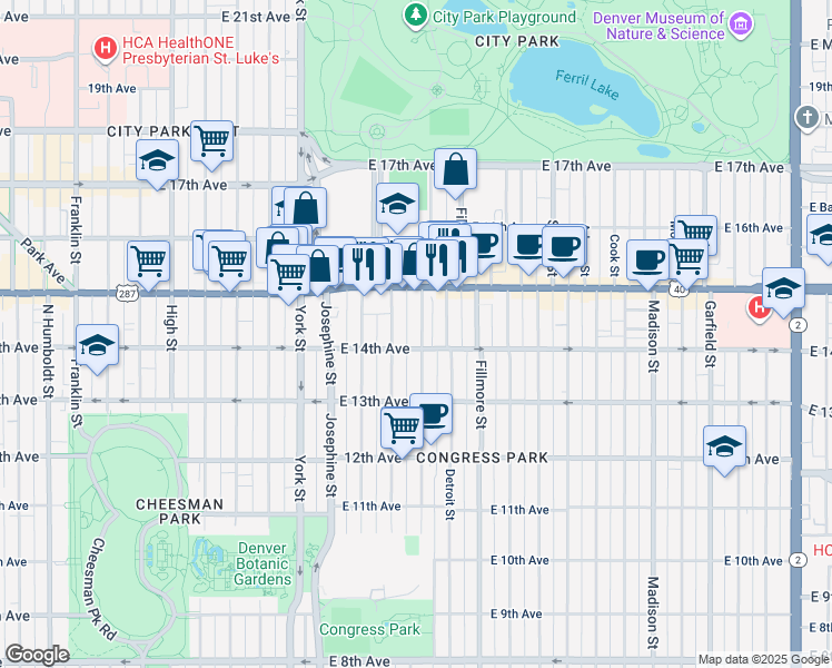 map of restaurants, bars, coffee shops, grocery stores, and more near 1460 Clayton Street in Denver