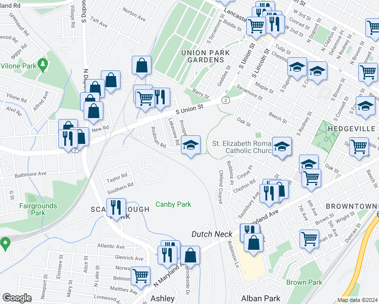 map of restaurants, bars, coffee shops, grocery stores, and more near 1907 Prospect Road in Wilmington