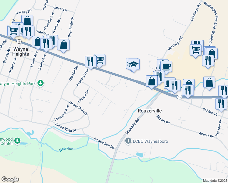 map of restaurants, bars, coffee shops, grocery stores, and more near 10736 Sunburst Gardens Drive in Waynesboro