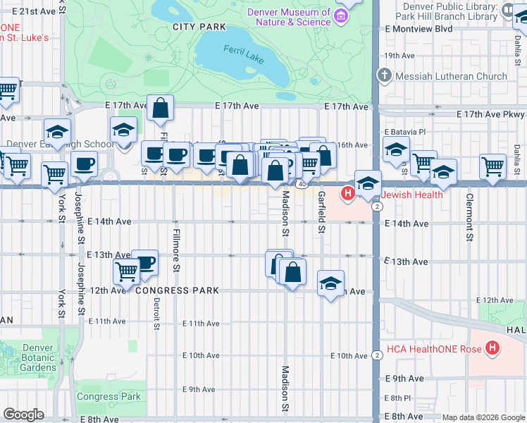 map of restaurants, bars, coffee shops, grocery stores, and more near 1461 Cook Street in Denver