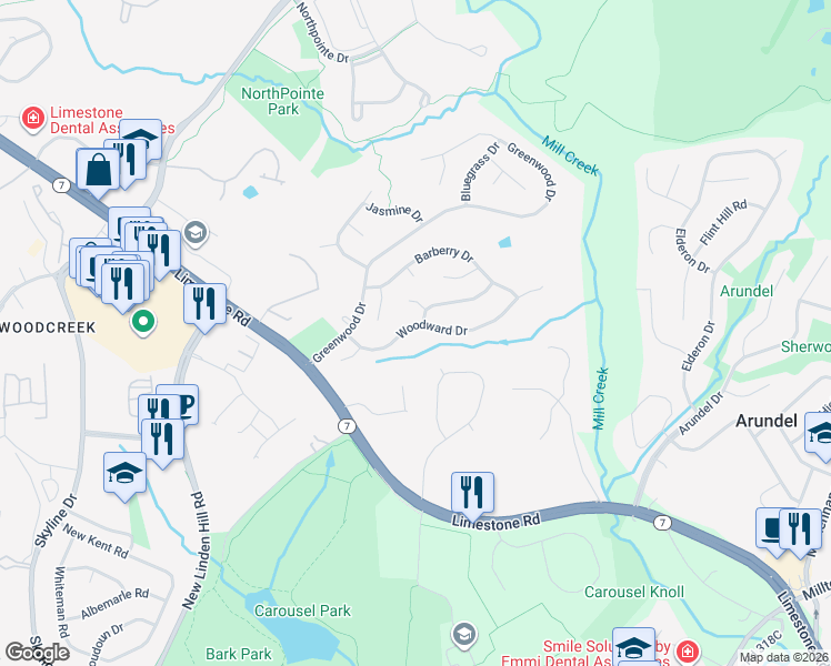 map of restaurants, bars, coffee shops, grocery stores, and more near 1 Gregg Court in Wilmington