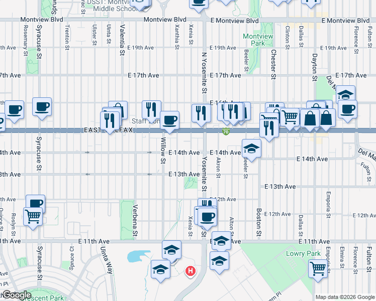 map of restaurants, bars, coffee shops, grocery stores, and more near 1474 Xenia Street in Denver