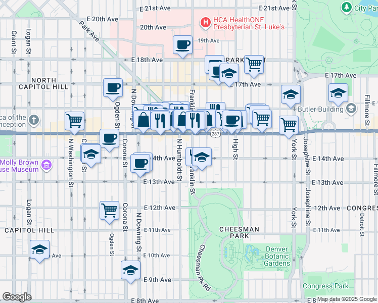 map of restaurants, bars, coffee shops, grocery stores, and more near 1445 Franklin Street in Denver