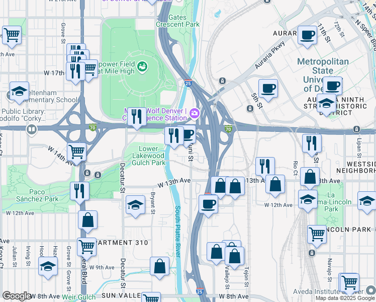 map of restaurants, bars, coffee shops, grocery stores, and more near 2000 Old West Colfax Avenue in Denver