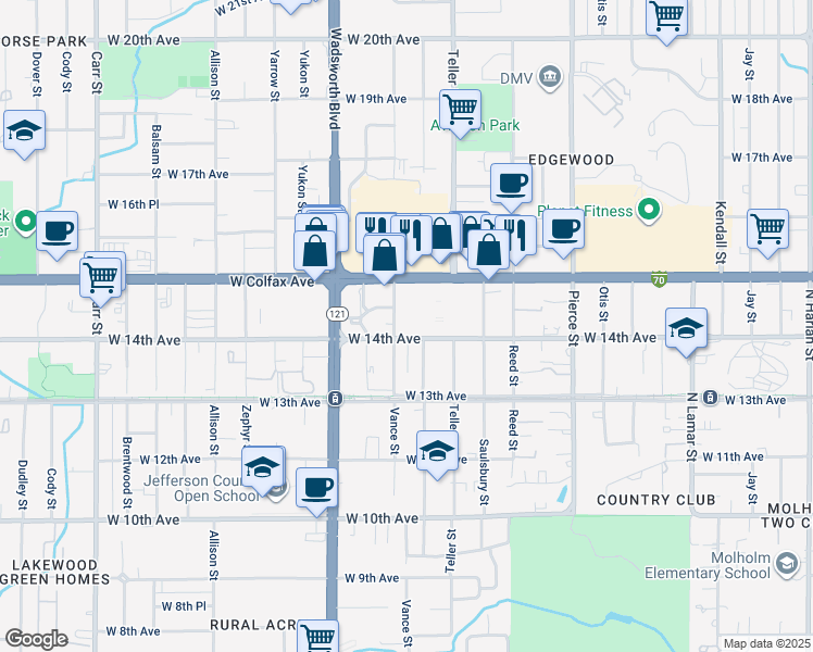 map of restaurants, bars, coffee shops, grocery stores, and more near 7200 West Colfax Avenue in Lakewood