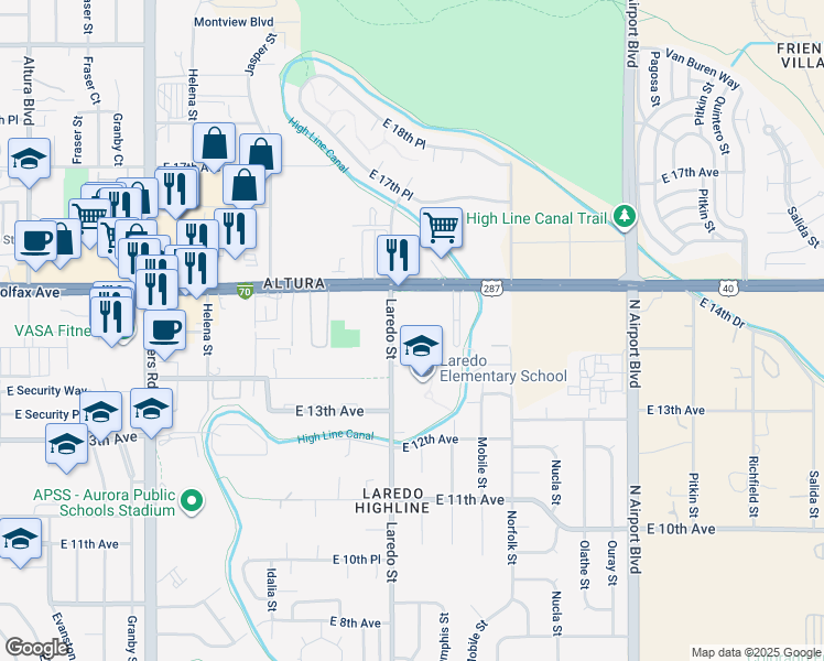 map of restaurants, bars, coffee shops, grocery stores, and more near 1420 Laredo Street in Aurora