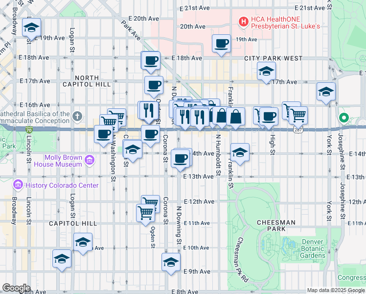 map of restaurants, bars, coffee shops, grocery stores, and more near 1125 East Colfax Avenue in Denver