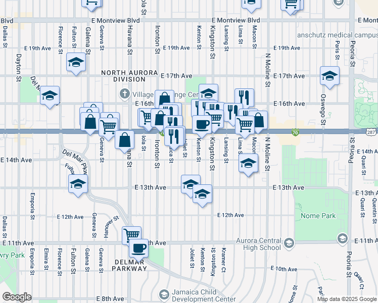 map of restaurants, bars, coffee shops, grocery stores, and more near 1430 Joliet Street in Aurora