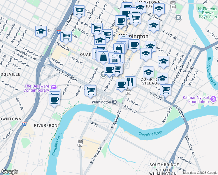 map of restaurants, bars, coffee shops, grocery stores, and more near 1 East 2nd Street in Wilmington