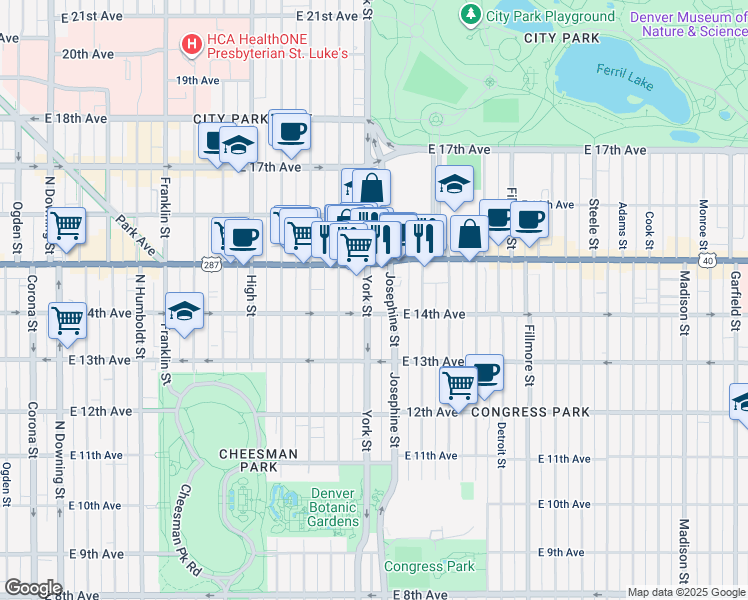 map of restaurants, bars, coffee shops, grocery stores, and more near 1410 York Street in Denver