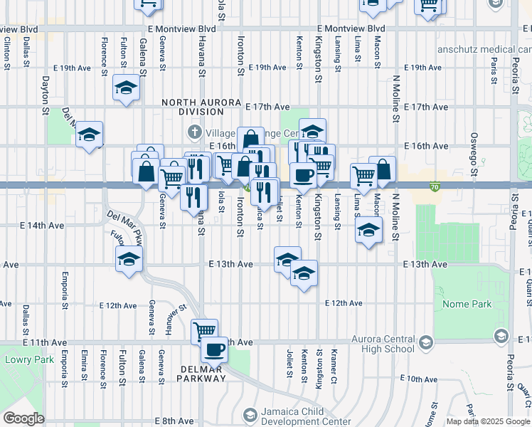 map of restaurants, bars, coffee shops, grocery stores, and more near 1480 Jamaica Street in Aurora