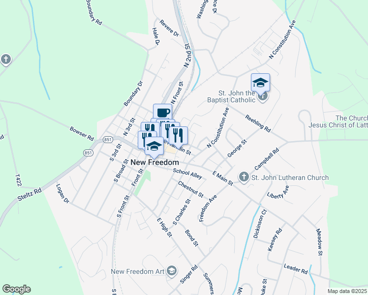 map of restaurants, bars, coffee shops, grocery stores, and more near 31 East Franklin Street in New Freedom