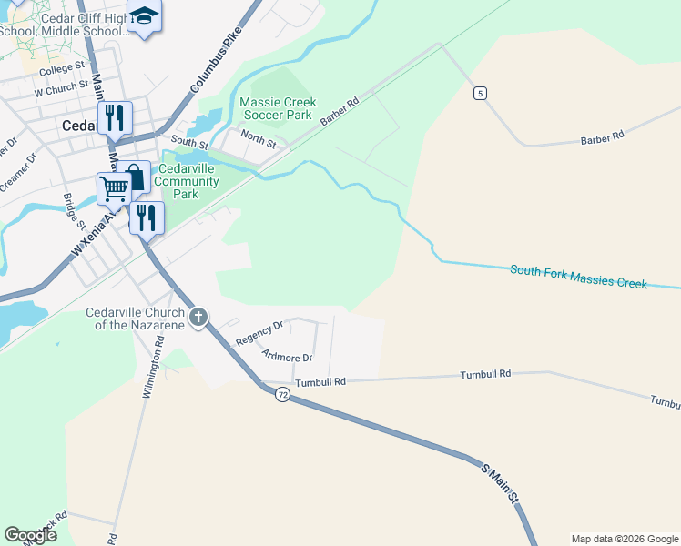 map of restaurants, bars, coffee shops, grocery stores, and more near in Cedarville