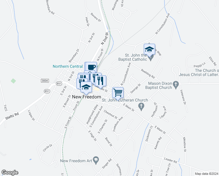 map of restaurants, bars, coffee shops, grocery stores, and more near 41 East Franklin Street in New Freedom