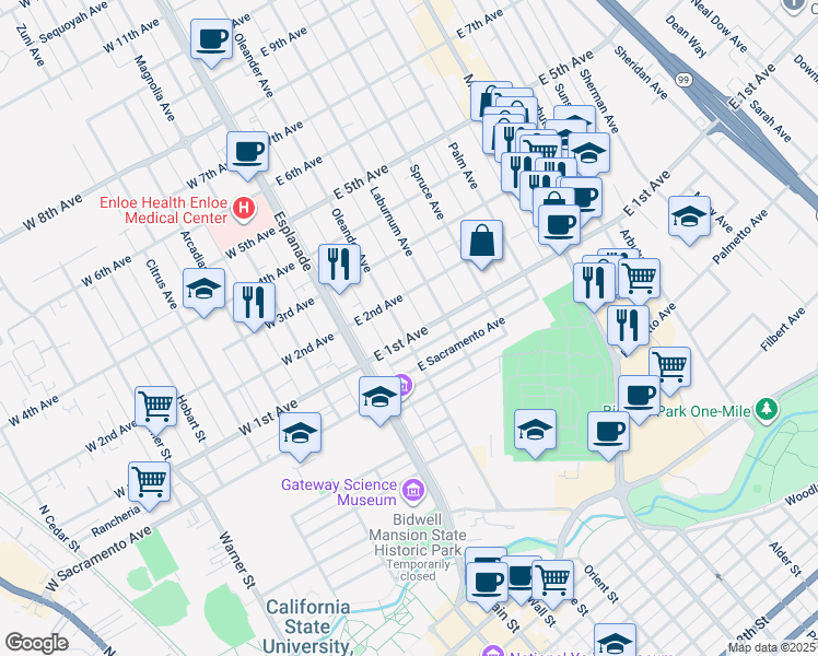 map of restaurants, bars, coffee shops, grocery stores, and more near 256 East 1st Avenue in Chico