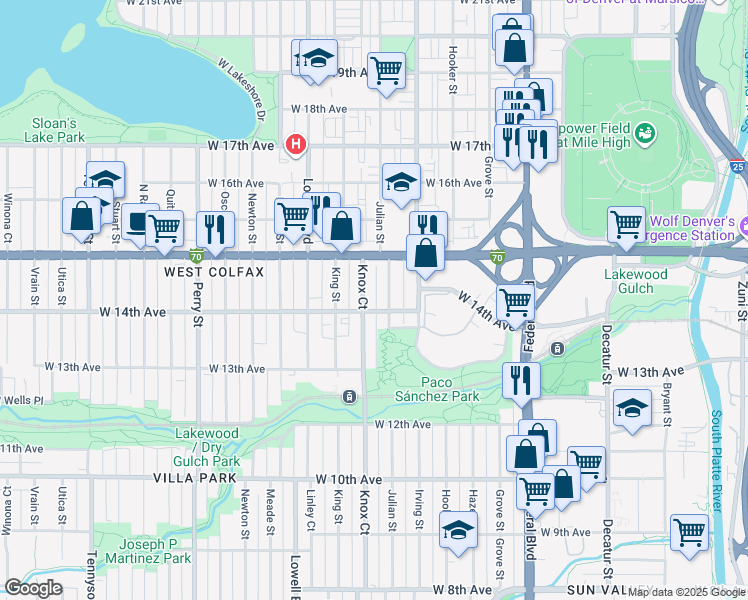 map of restaurants, bars, coffee shops, grocery stores, and more near 1455 Julian Street in Denver