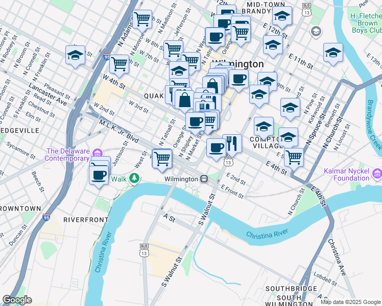 map of restaurants, bars, coffee shops, grocery stores, and more near 204 North Market Street in Wilmington