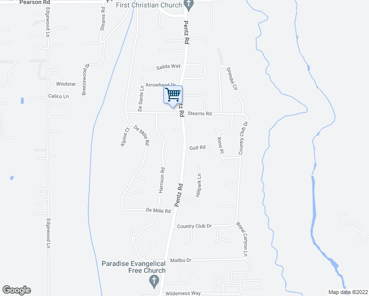 map of restaurants, bars, coffee shops, grocery stores, and more near Pentz Road & Golf Road in Paradise