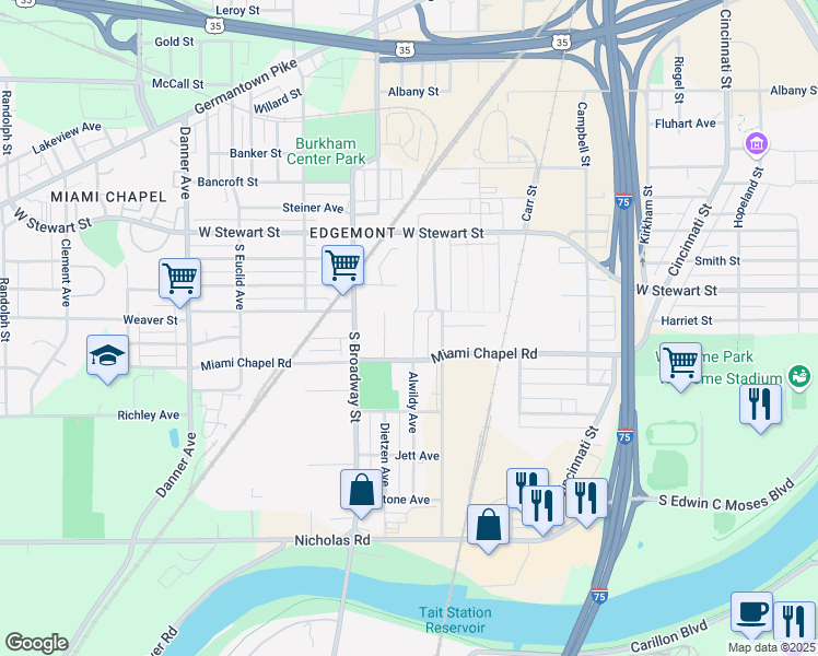 map of restaurants, bars, coffee shops, grocery stores, and more near 1241 Wisconsin Boulevard in Dayton